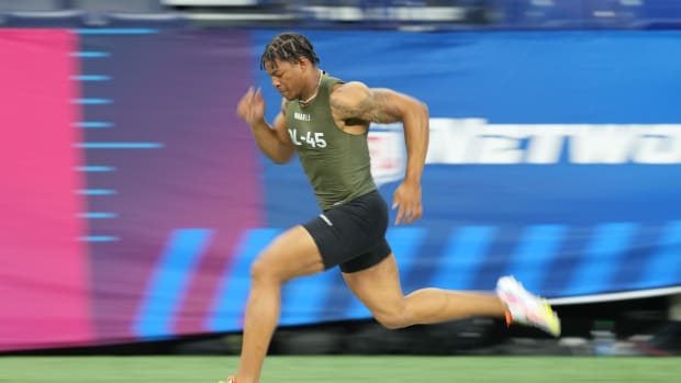 Mar 2, 2023; Indianapolis, IN, USA; Georgia defensive lineman Nolan Smith (DL45) participates in drills during the NFL combine at Lucas Oil Stadium. 